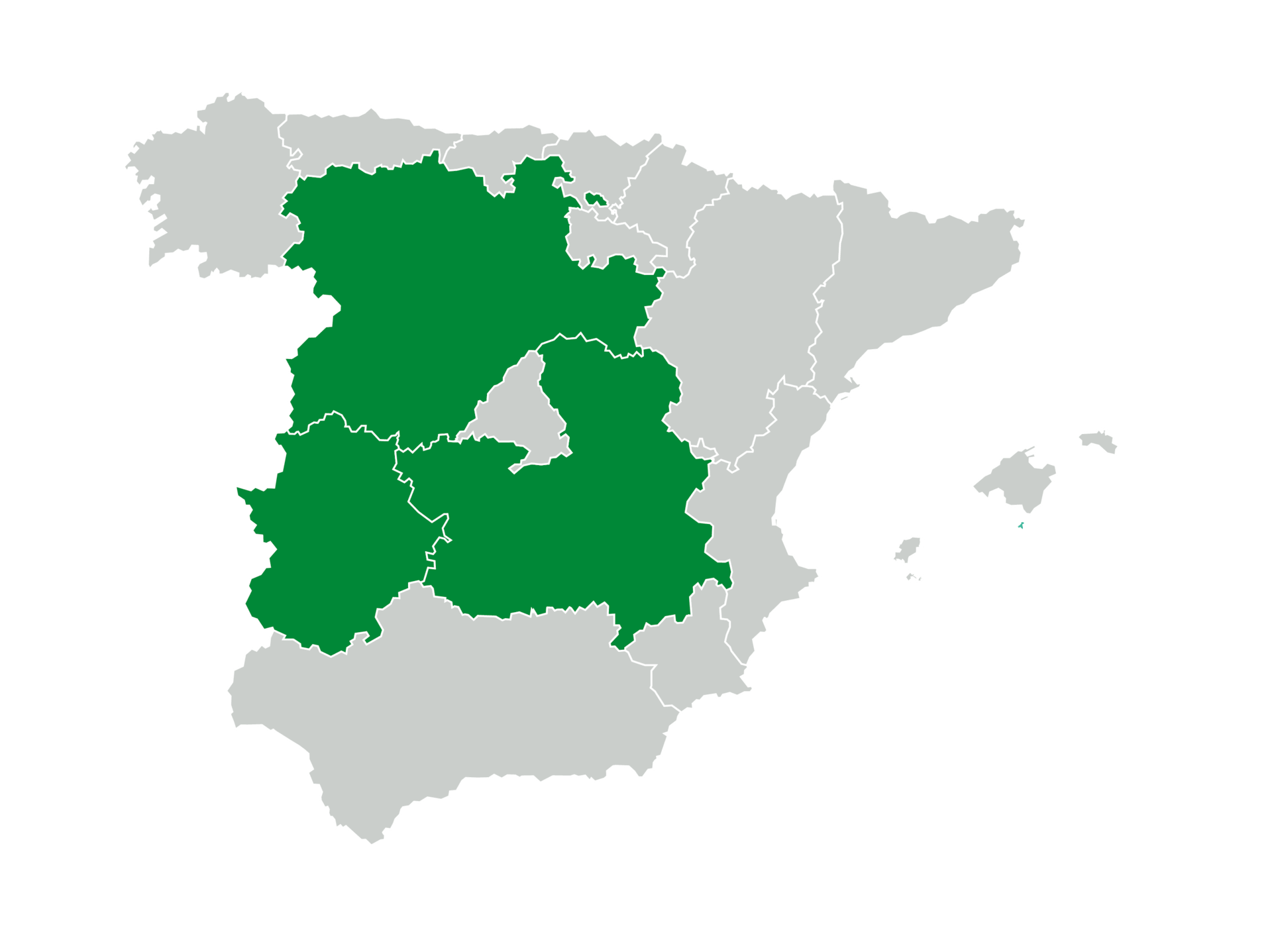 Mapa de España con Castilla y León, Castilla-La Mancha y Extremadura marcadas en verde